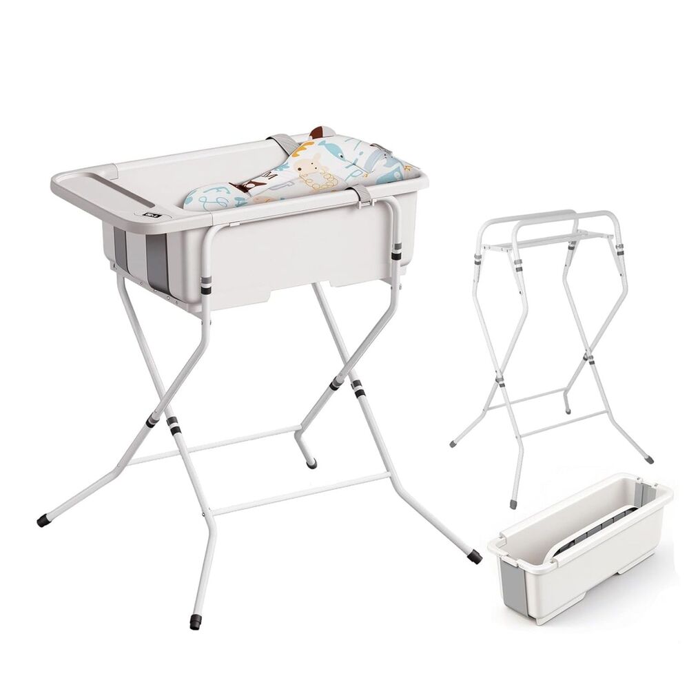 Collapsible Baby Bathtub w/ Stand Thermometer Cushion Foldable 0-36M Pets Dogs